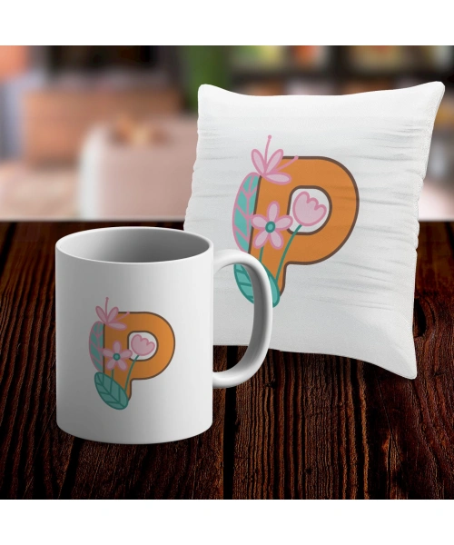 P Harfi Tasarımlı Kupa ve Yastık Kılıfı Hediye Seti