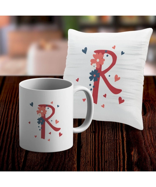 R Harfi Tasarımlı Kupa ve Yastık Kılıfı Hediye Seti