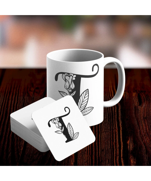 T Harfi Tasarımlı Kupa ve Bardak Altlığı Seti