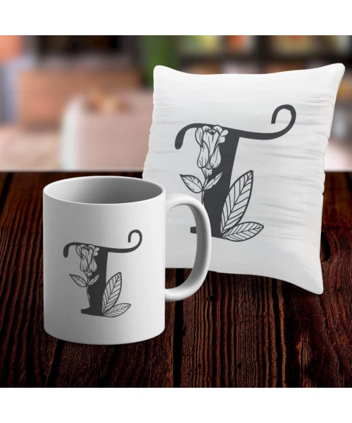 T Harfi Tasarımlı Kupa ve Yastık Kılıfı Hediye Seti