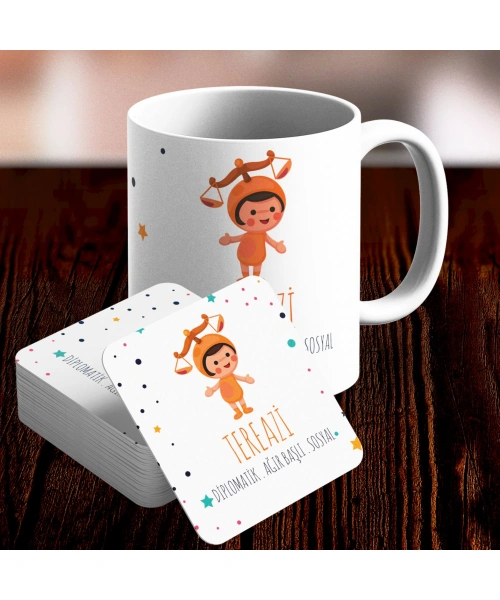 Terazi Burcu Özel Sevimli Kupa ve Altlık Seti