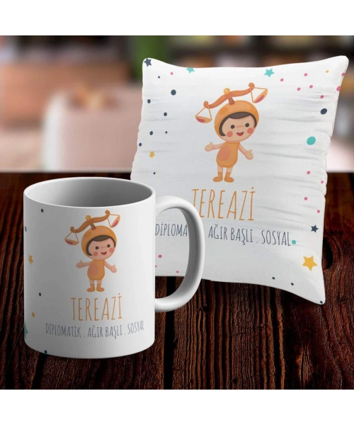Terazi Tasarımlı Sevimli Kupa ve Yastık Kılıfı Seti