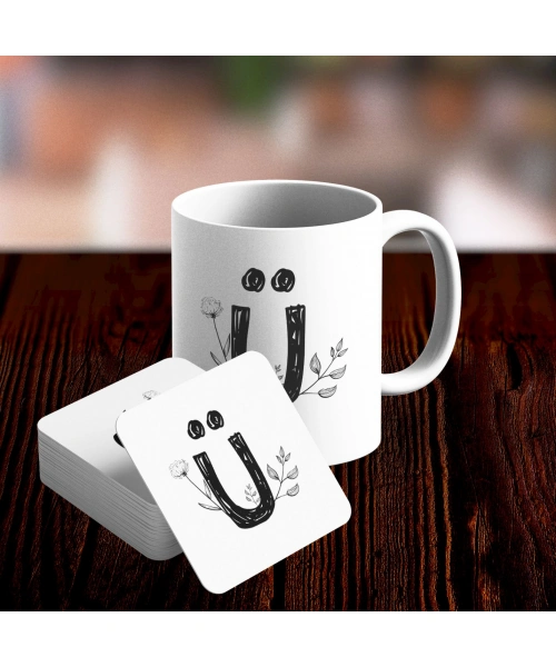 Ü Harfi Tasarımlı Kupa ve Bardak Altlığı Seti