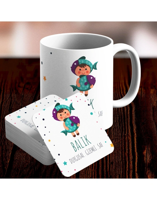 Balık Burcu Özel Sevimli Kupa ve Altlık Seti