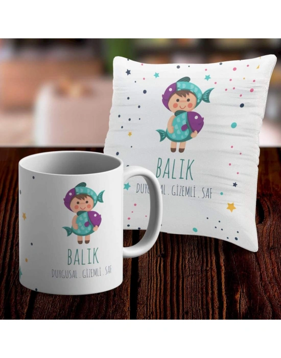 Balık Tasarımlı Sevimli Kupa ve Yastık Kılıfı Seti