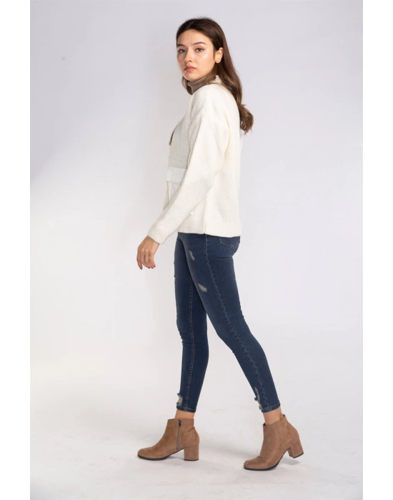 Cep ve Düğme Detaylı Hırka-EKRU