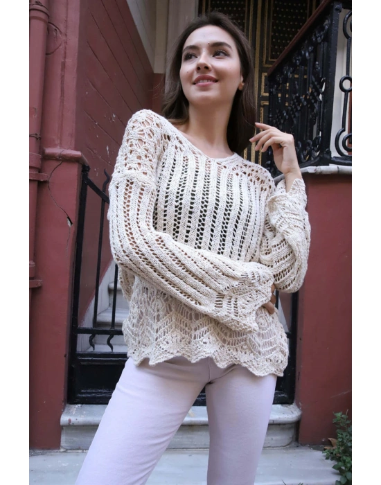 Delikli Merserize Kazak - KREM