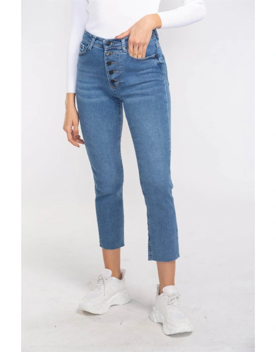 Düğme Detaylı Kesik Paça Slim Fit Jean-MAVİ