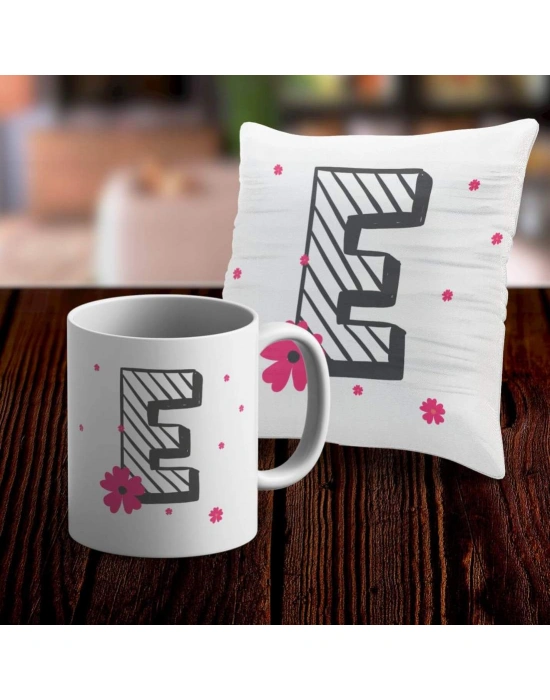 E Harfi Tasarımlı Kupa ve Yastık Kılıfı Hediye Seti