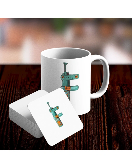 F Harfi Tasarımlı Kupa ve Bardak Altlığı Seti