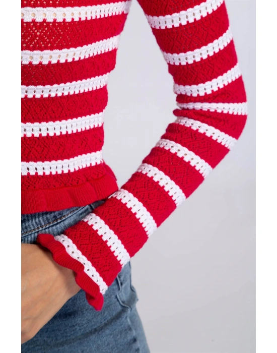 Fırfır Detaylı Çizgili Triko Bluz-KIRMIZI