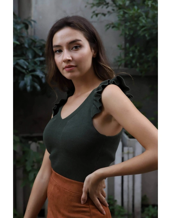 Fırfır Detaylı Triko Bluz - HAKİ