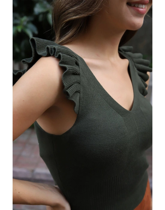 Fırfır Detaylı Triko Bluz - HAKİ