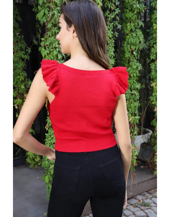 Fırfır Detaylı Triko Bluz - KIRMIZI