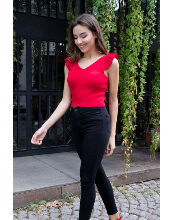 Fırfır Detaylı Triko Bluz - KIRMIZI