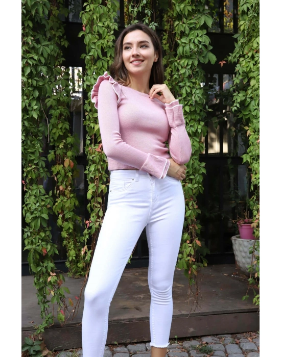 Fırfır Detaylı Triko Bluz - TOZ PEMBE