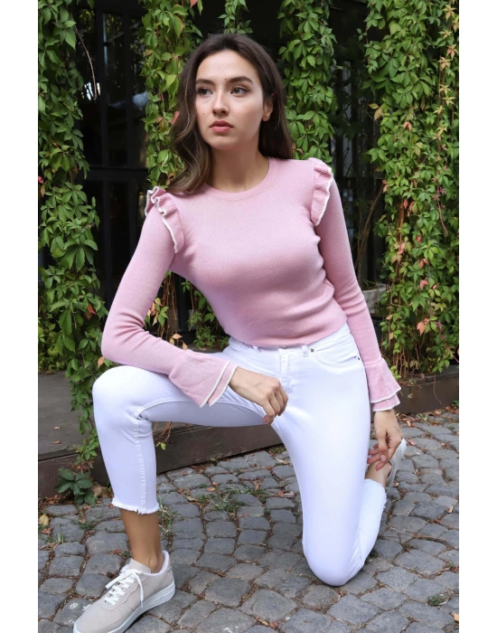 Fırfır Detaylı Triko Bluz - TOZ PEMBE