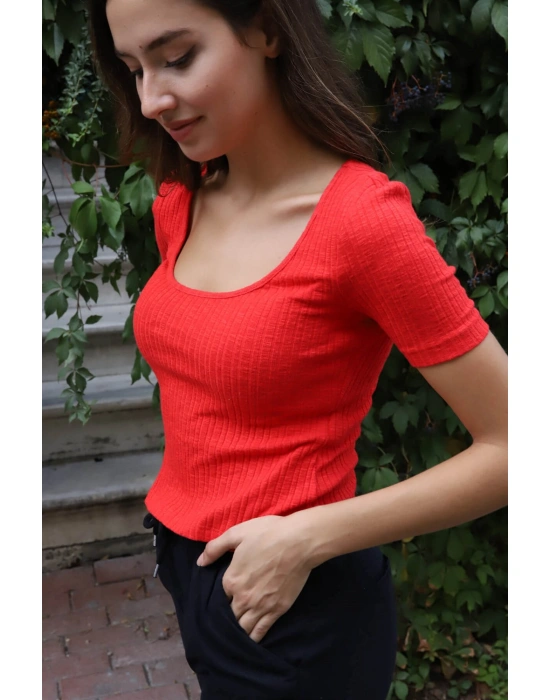 Geniş Yaka Triko Bluz - KIRMIZI
