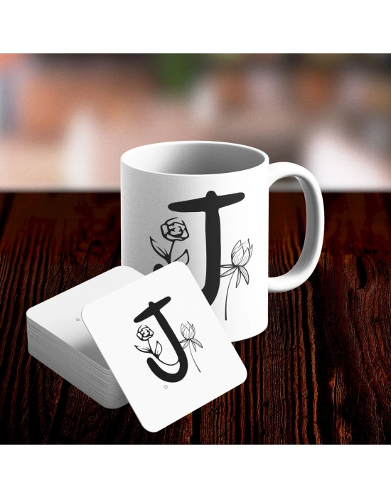 J Harfi Tasarımlı Kupa ve Bardak Altlığı Seti