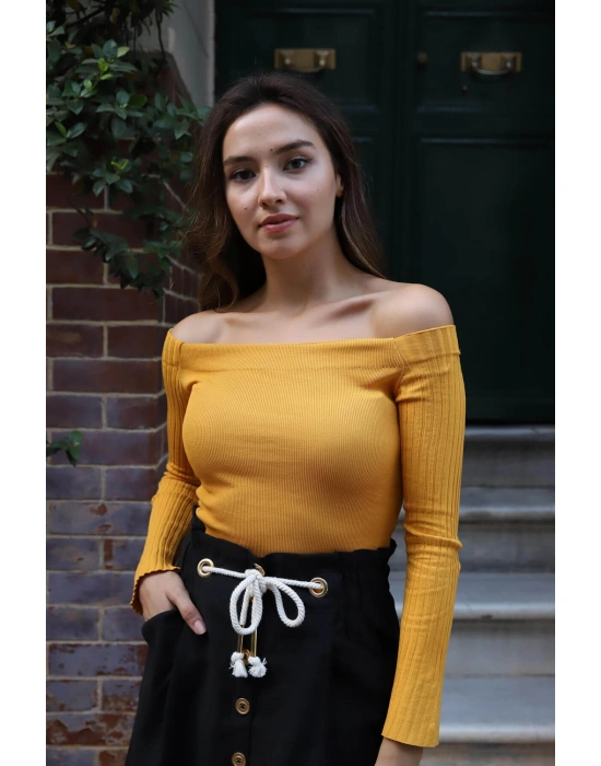 Kayık Yaka Triko Bluz - HARDAL