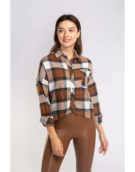 Kesik Uçlu Ekose Gömlek-KAHVERENGİ