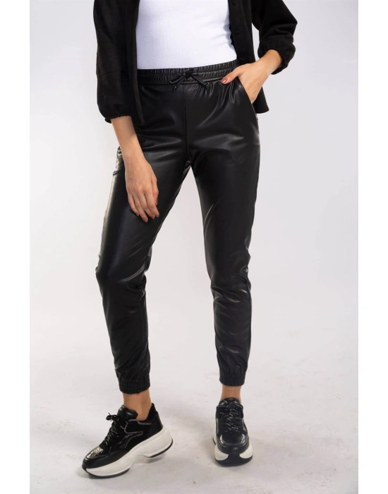 Lastikli Cepli Deri Pantolon-SİYAH