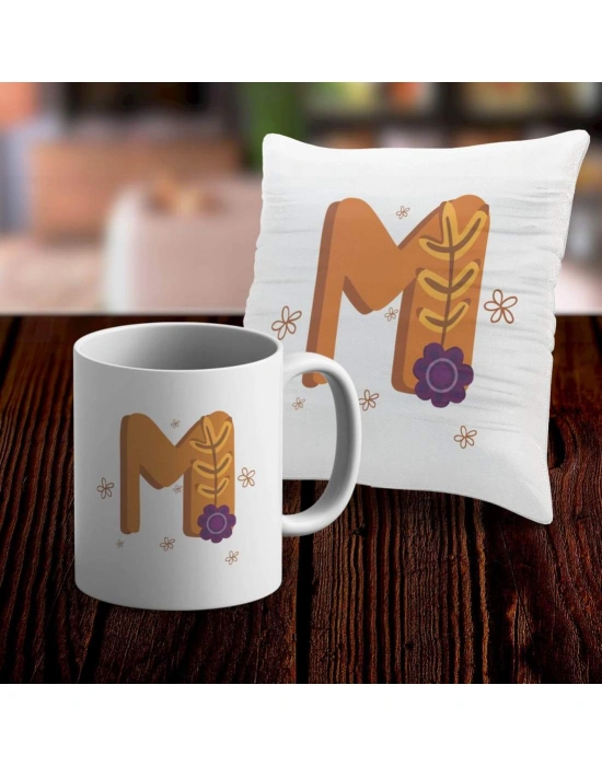 M Harfi Tasarımlı Kupa ve Yastık Kılıfı Hediye Seti