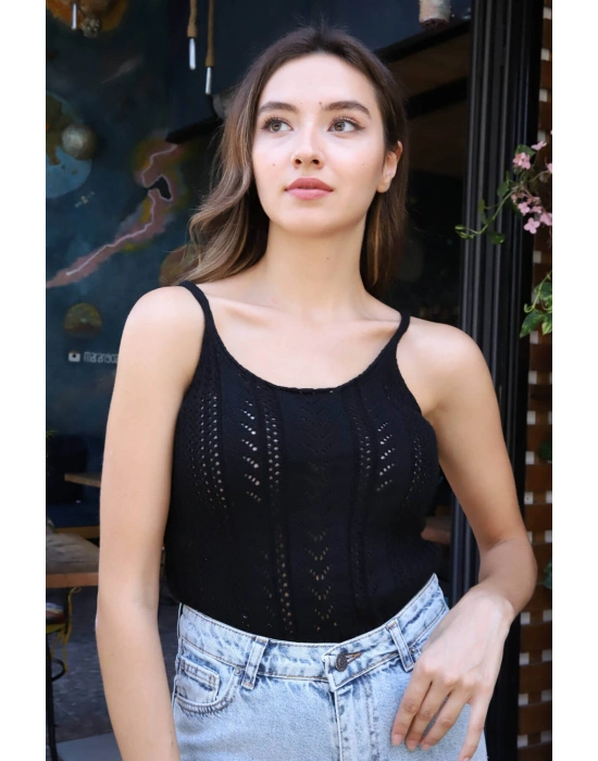 Merserize Askılı Bluz - SİYAH