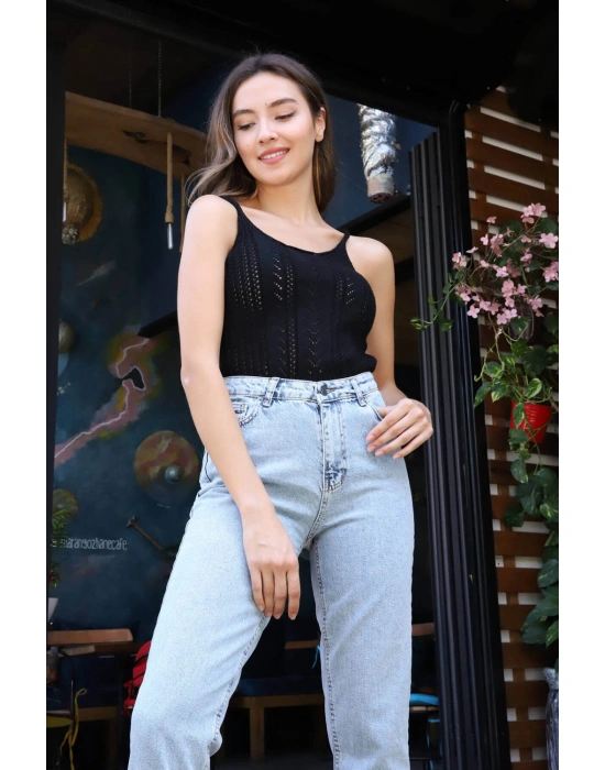 Merserize Askılı Bluz - SİYAH