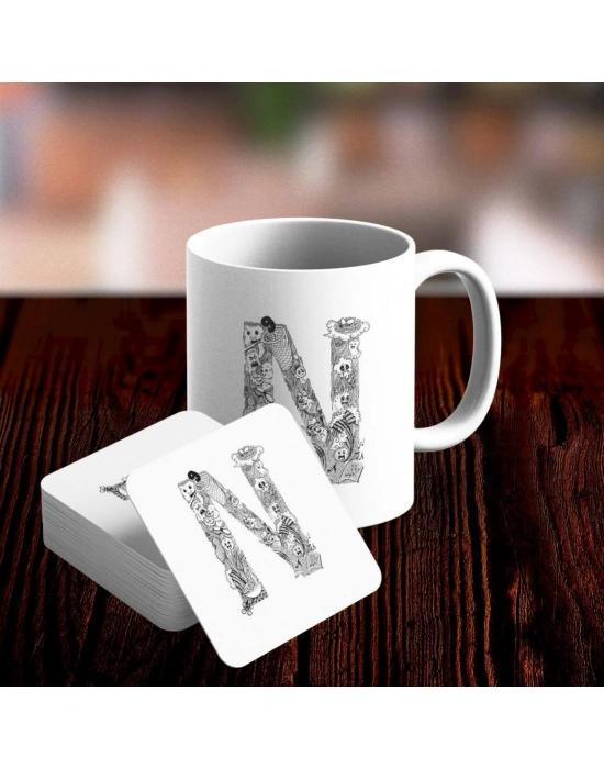 N Harfi Tasarımlı Kupa ve Bardak Altlığı Seti