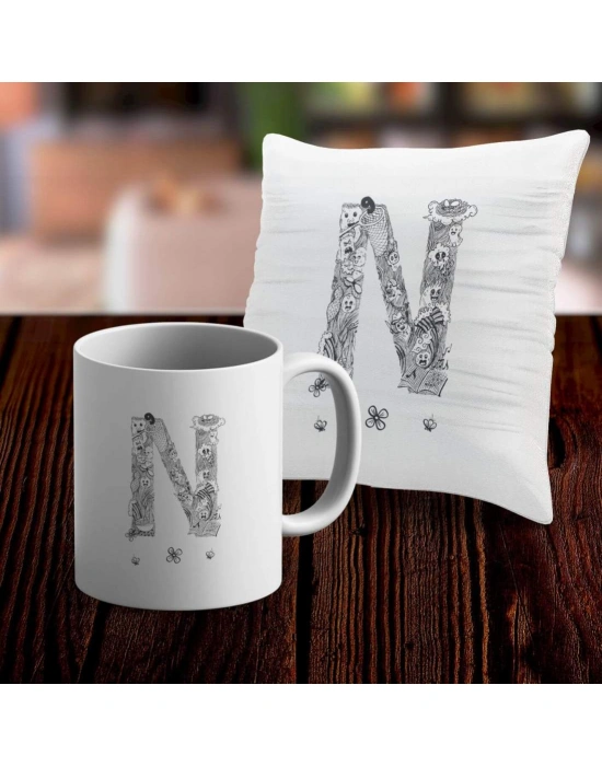 N Harfi Tasarımlı Kupa ve Yastık Kılıfı Hediye Seti