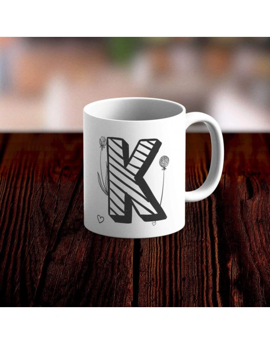 Özel Tasarım K Harfi Beyaz Kupa Bardak