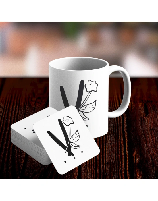 V Harfi Tasarımlı Kupa ve Bardak Altlığı Seti