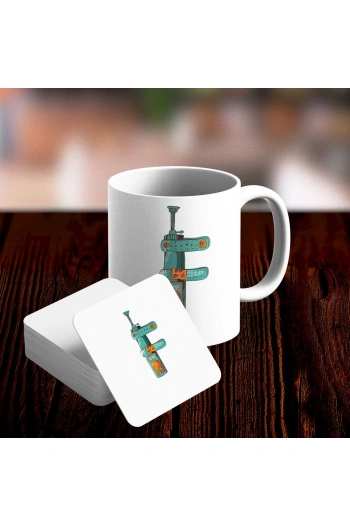 F Harfi Tasarımlı Kupa ve Bardak Altlığı Seti