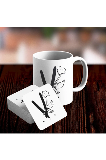 V Harfi Tasarımlı Kupa ve Bardak Altlığı Seti