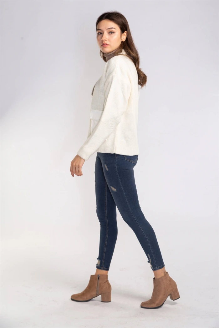 Cep ve Düğme Detaylı Hırka-EKRU