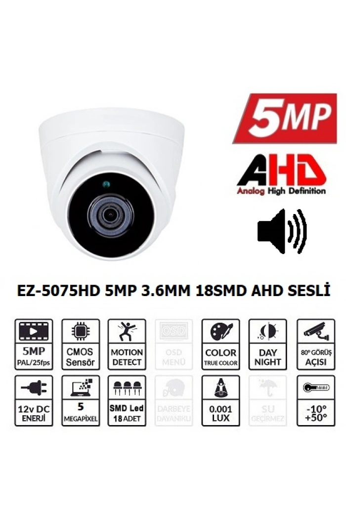 EZCOOL EZ-5075HD 5MP 3.6MM 18SMD AHD SESLİ DOME