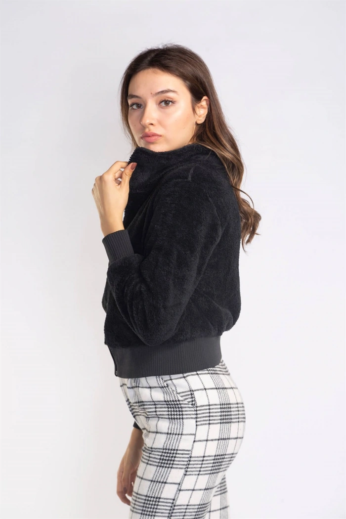 Fermuarlı Mevsimlik Peluş Ceket-SİYAH