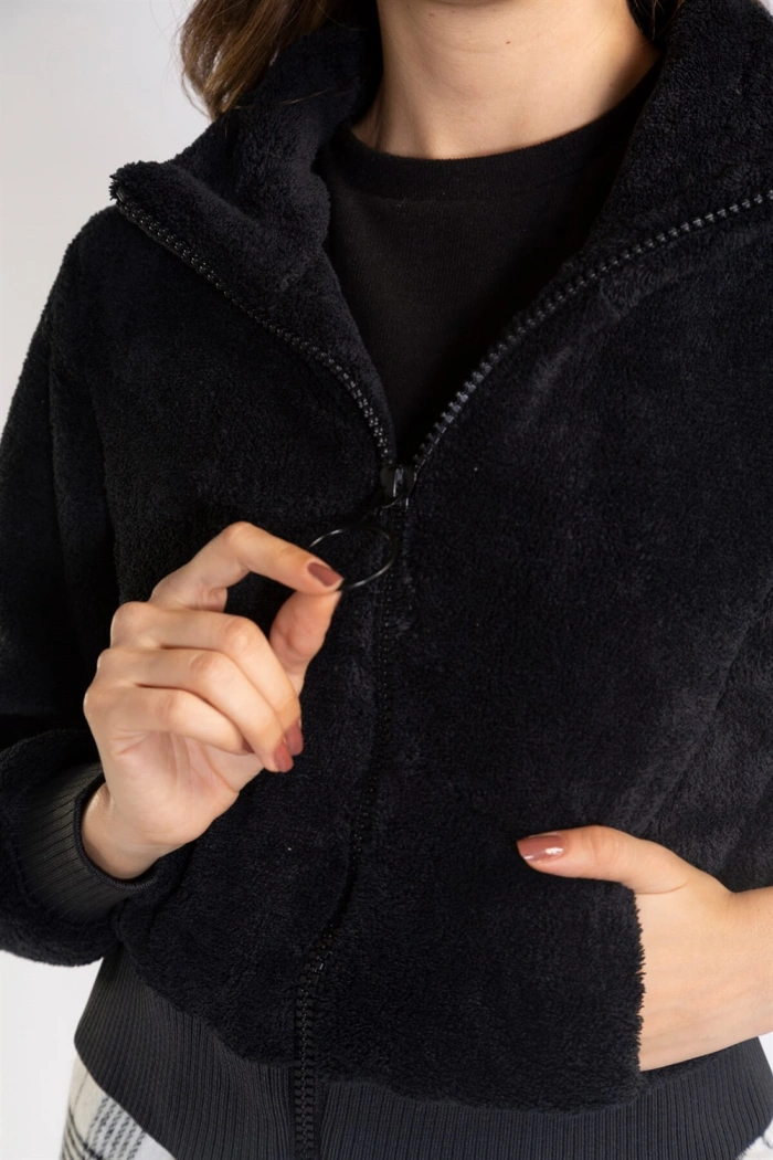 Fermuarlı Mevsimlik Peluş Ceket-SİYAH