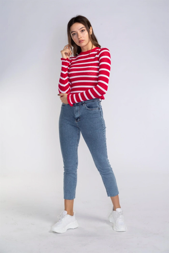 Fırfır Detaylı Çizgili Triko Bluz-KIRMIZI