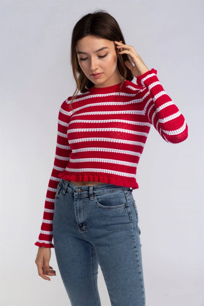 Fırfır Detaylı Çizgili Triko Bluz-KIRMIZI