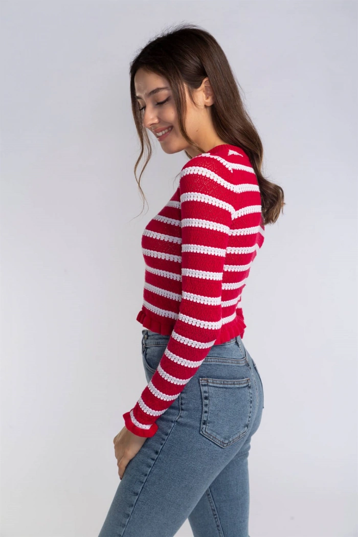Fırfır Detaylı Çizgili Triko Bluz-KIRMIZI