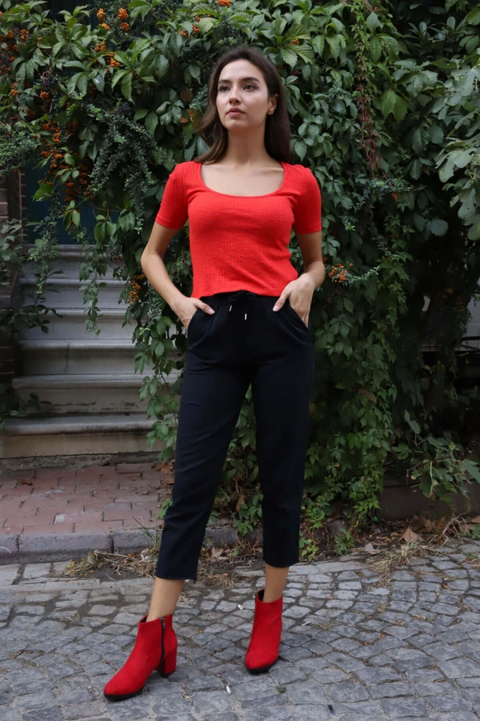 Geniş Yaka Triko Bluz - KIRMIZI