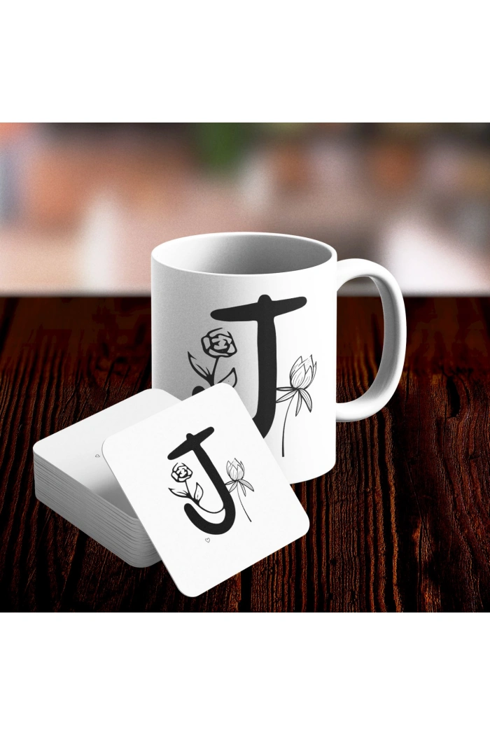 J Harfi Tasarımlı Kupa ve Bardak Altlığı Seti