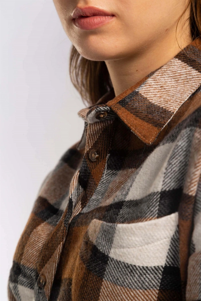 Kesik Uçlu Ekose Gömlek-KAHVERENGİ