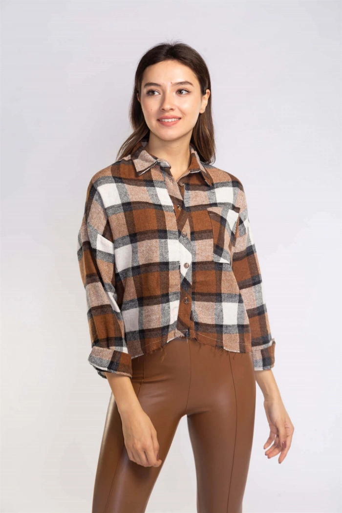 Kesik Uçlu Ekose Gömlek-KAHVERENGİ