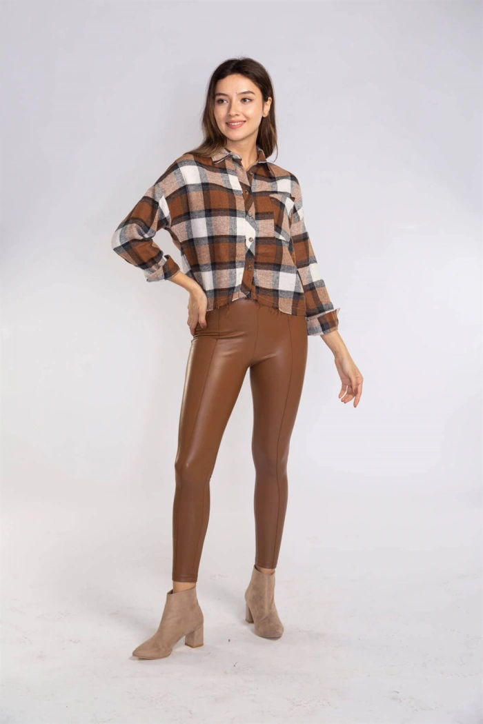Kesik Uçlu Ekose Gömlek-KAHVERENGİ