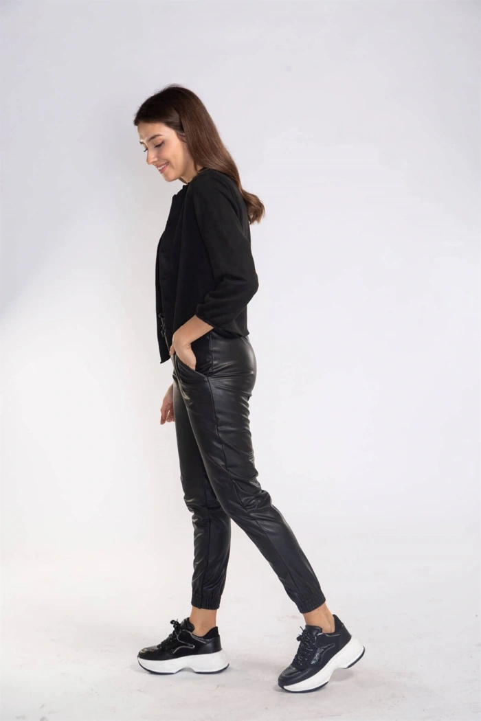 Lastikli Cepli Deri Pantolon-SİYAH
