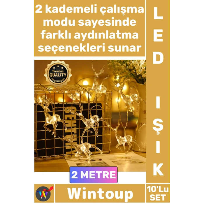 #Led Gün Işığı Şeffaf Gümüş Sim Akrilik Dekoratif Pilli 2 Kademeli 2 Metre 10lu Geyikli İp Led Işık