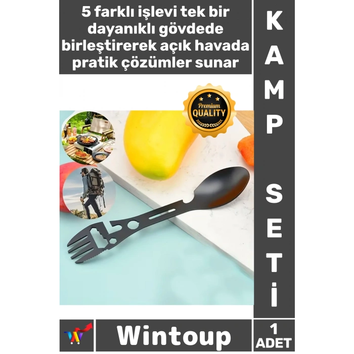 #KampSeti Outdoor Kamp Ekipman Paslanmaz Çelik 5 Fonksiyonlu 2li Paket Taktiksel Spork Kaşık Çatal